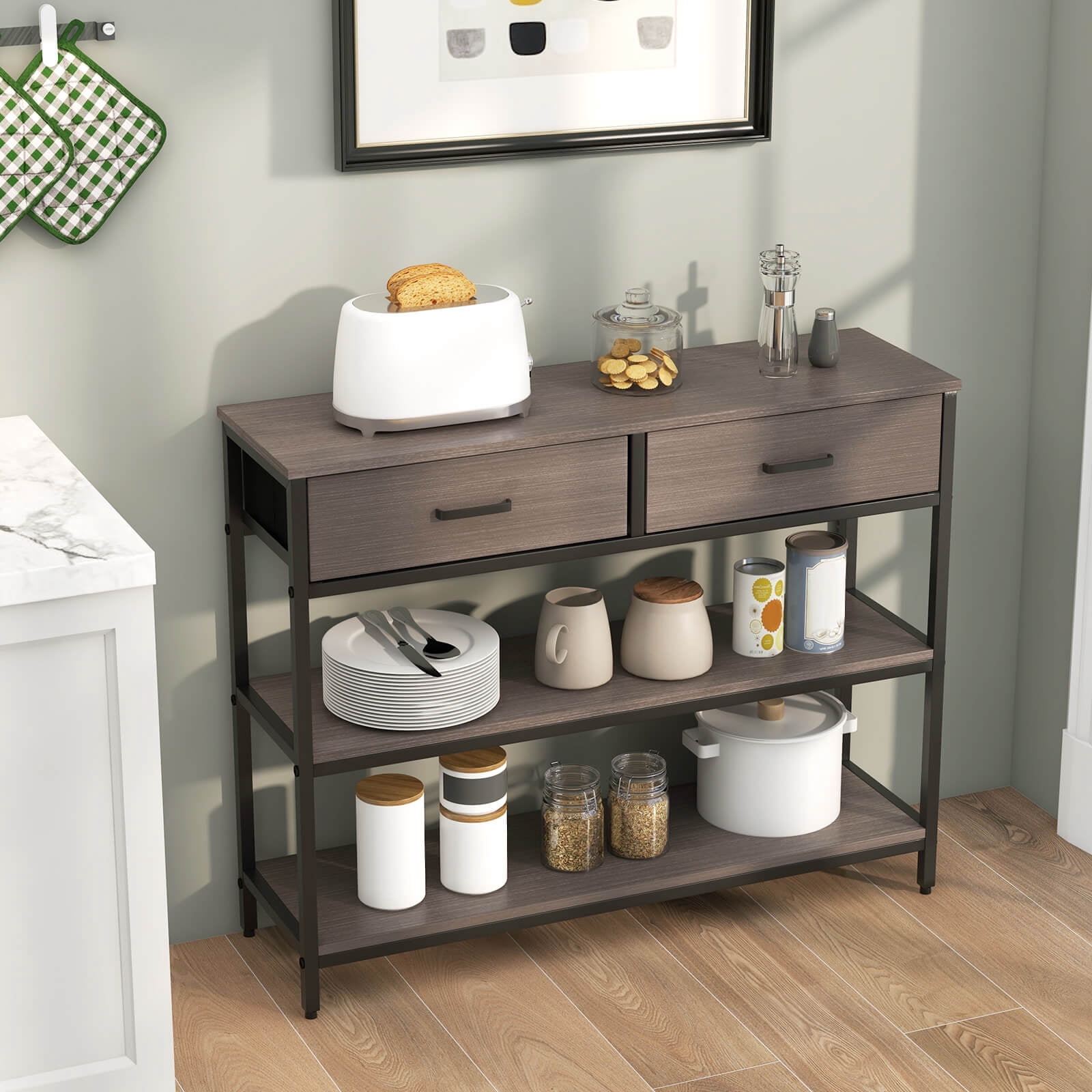 Costway Console Entryway Table Sofa Side Table with Folding Fabric Drawers for Living Room Gray