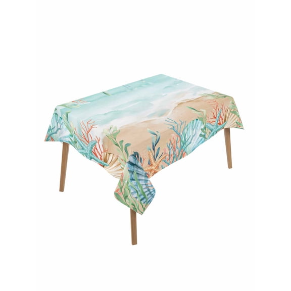 Ocean Coastal Table Cloth, Waterproof Tablecloth for Rectangle Tables, Summer Nautical Beach Coral Starfish Reusable Washable Fabric Table Cover for Restaurant Kitchen Dining Tables 52"x70"
