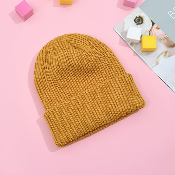 Opolski Unisex Winter Hat High Elasticity Solid Color No Brim Knitted Soft Anti-slip Dome Top Warm Striped Texture Soft Women Men Beanie Yellow