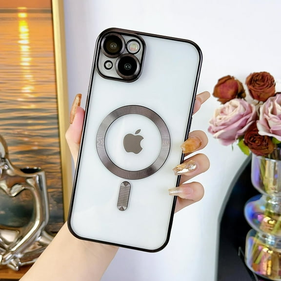 for Phone15 Plus Case Magnetic Clear Silicone Soft TPU Flexible Luxury Plating Ultra Thin Shockproof Bumper Case with MAGSAFE Charging for iPhone 15 Plus Clear Black