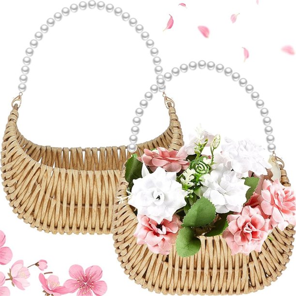 2 Cestas de Mimbre para Niña de las Flores con Asa de Perla, Pequeñas Cestas de Mimbre en Forma de Media Luna para Bodas, Pícnics y Jardines.