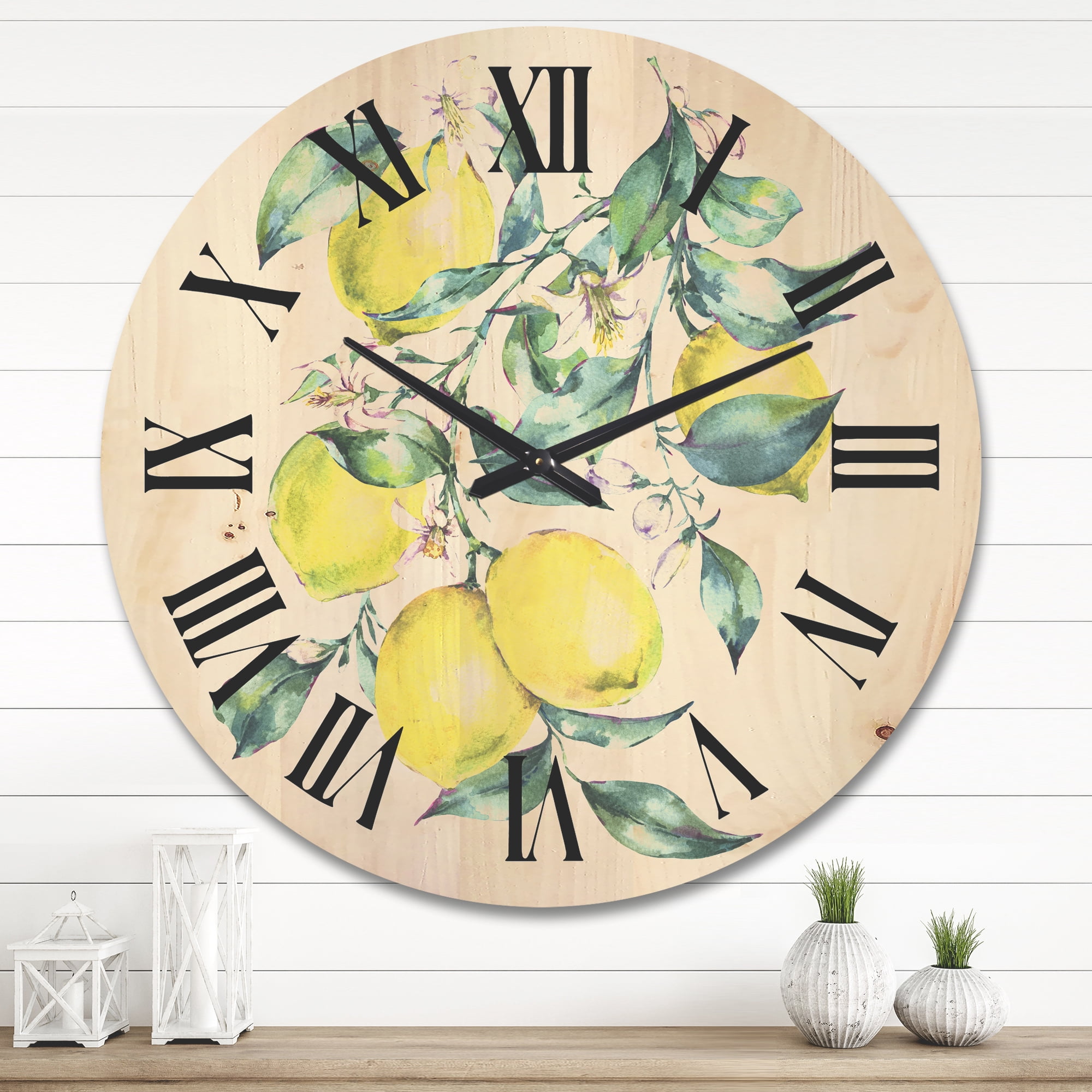 Designart 'Branch of Leaves and Yellow Lemons I' Tropical Wood Wall Clock