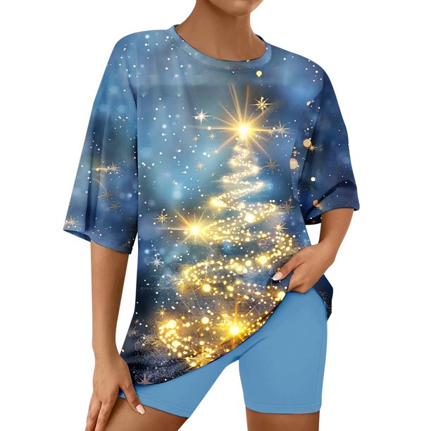 Puntoco Pijamas para mujer Conjunto de camiseta y pantalones cortos de manga corta con cuello redondo y estampado navideño para mujer Ropa para estar en casa