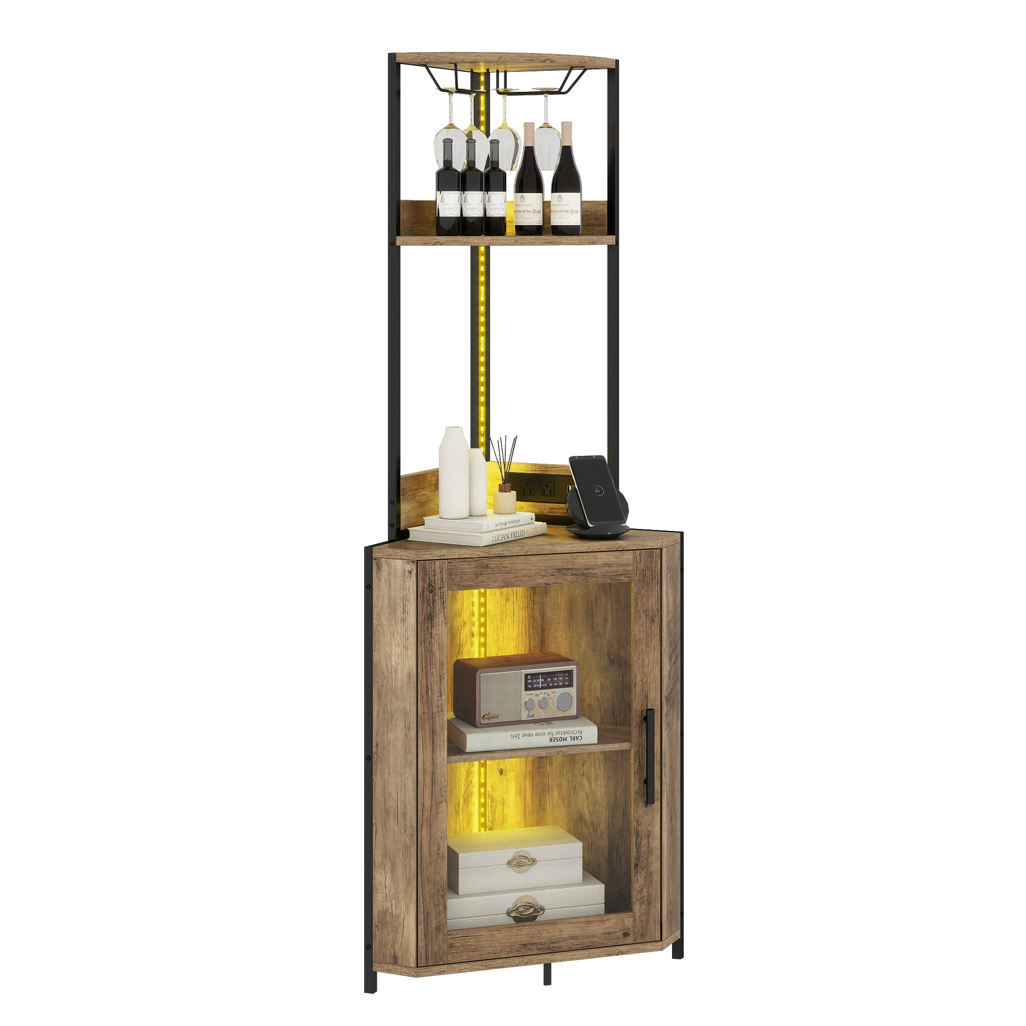 Uforic Corner Shelf with Door& LED Light, 5 Tier Corner Bar Cabinet with Power Outlets& Glass Holder