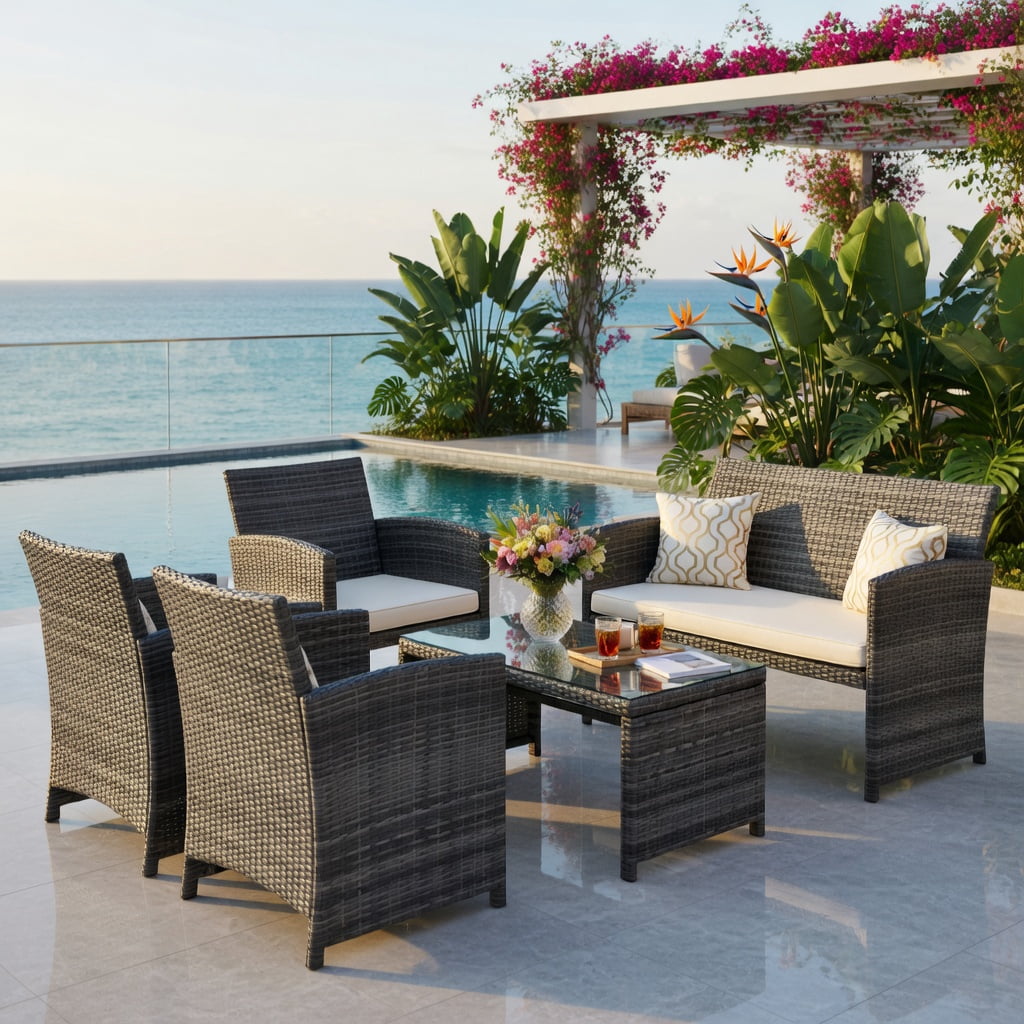 Hommoo 4-Piece Outdoor Rattan Patio Furniture Set, Loveseat + 2 Single Sofas + Tempered Glass Coffee Table for Backyard, Balcony & Garden, White