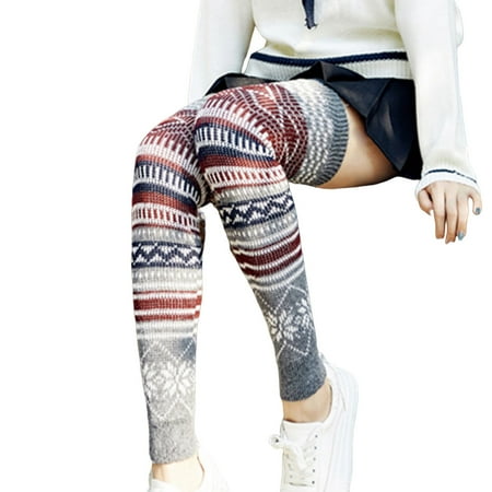 

Honrane 1 Pair Thermal Socks Bohemia Style Stripe Jacquard Weave High Stretchy Knitting Keep Warm Thicken Women Knit Knee-High Winter Boot Socks for Travel