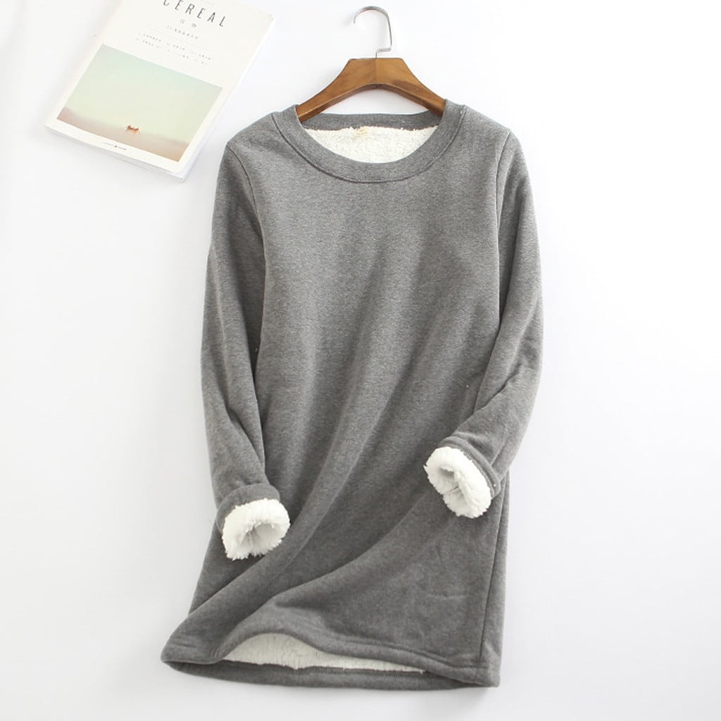 WREESH Womens Thermal Shirts Thickened Fleece Lined Underwear Solid Plus  Size Pullover Winter Warm Loose Tunic Tops Dark Gray 