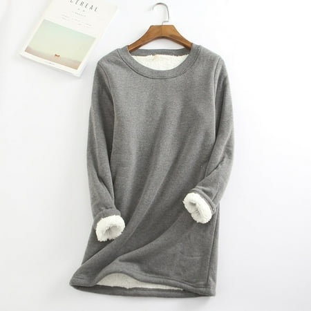 Womens Tops Clearance Under $5 Plus Size Women Thick Fleece Sweatshirt Winter Velvet Warm O-Neck Underwear Top Dark Gray M