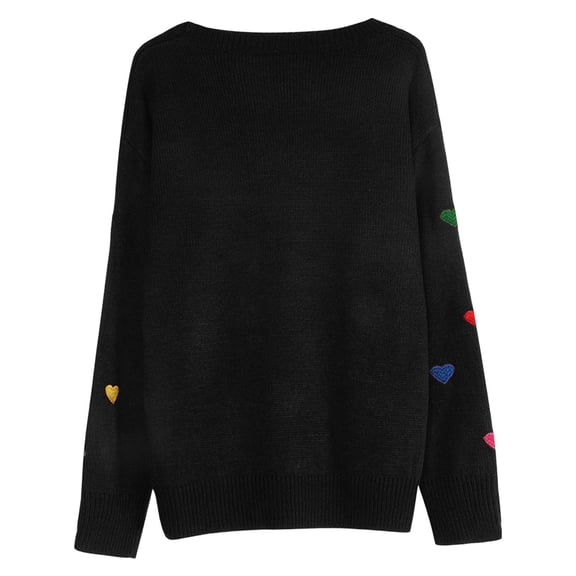 DHFJKG Knitted Pullover Sweaters For Women Fashion Colorful Heart Embroidery Long Sleeve Round Neck Casual Loose Fit Sweater Versatile Tops