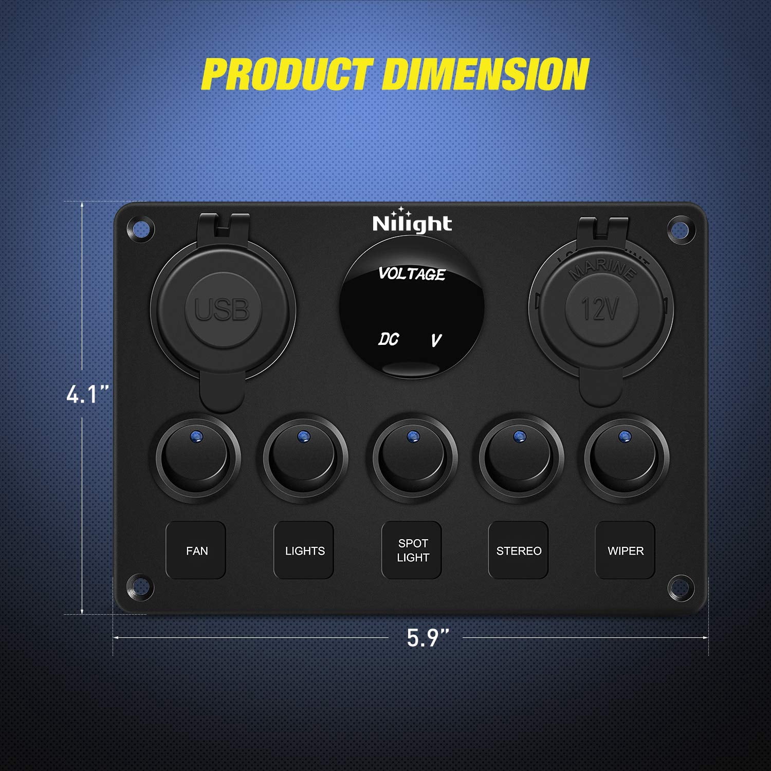 Nilight 5 Gang Multi-Function 5 Gang Rocker Dual USB Charger + Digital Volmeter +12V Outlet Pre-Wired Switch Panel with Circuit Breakers for RV Car Boat Truck Trailer,2 Years Warranty,Blue