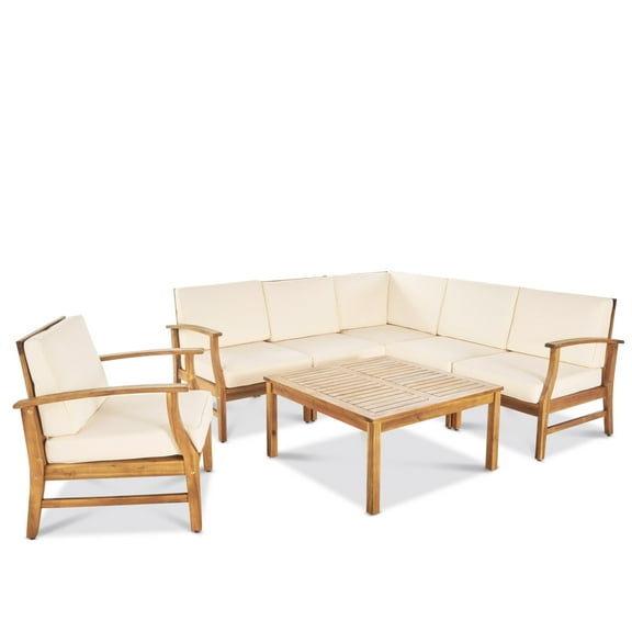 GDF Studio Abena Outdoor Acacia Wood 6 Seater Sectional Sofa and Club Chair Chat Set with Cushions, Teak and Cream