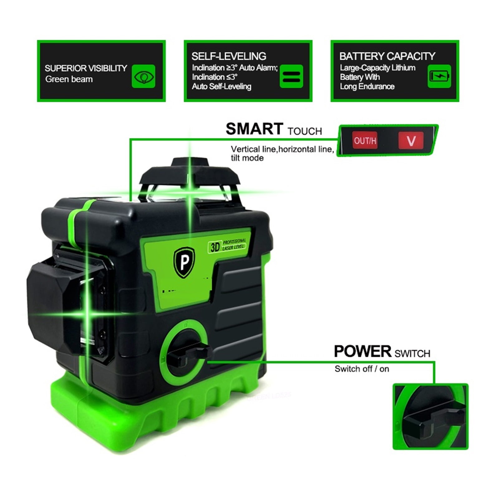 Level 12 Lines 3D Level, Self-Leveling Horizontal And Vertical Cross Super Powerful Green Beams