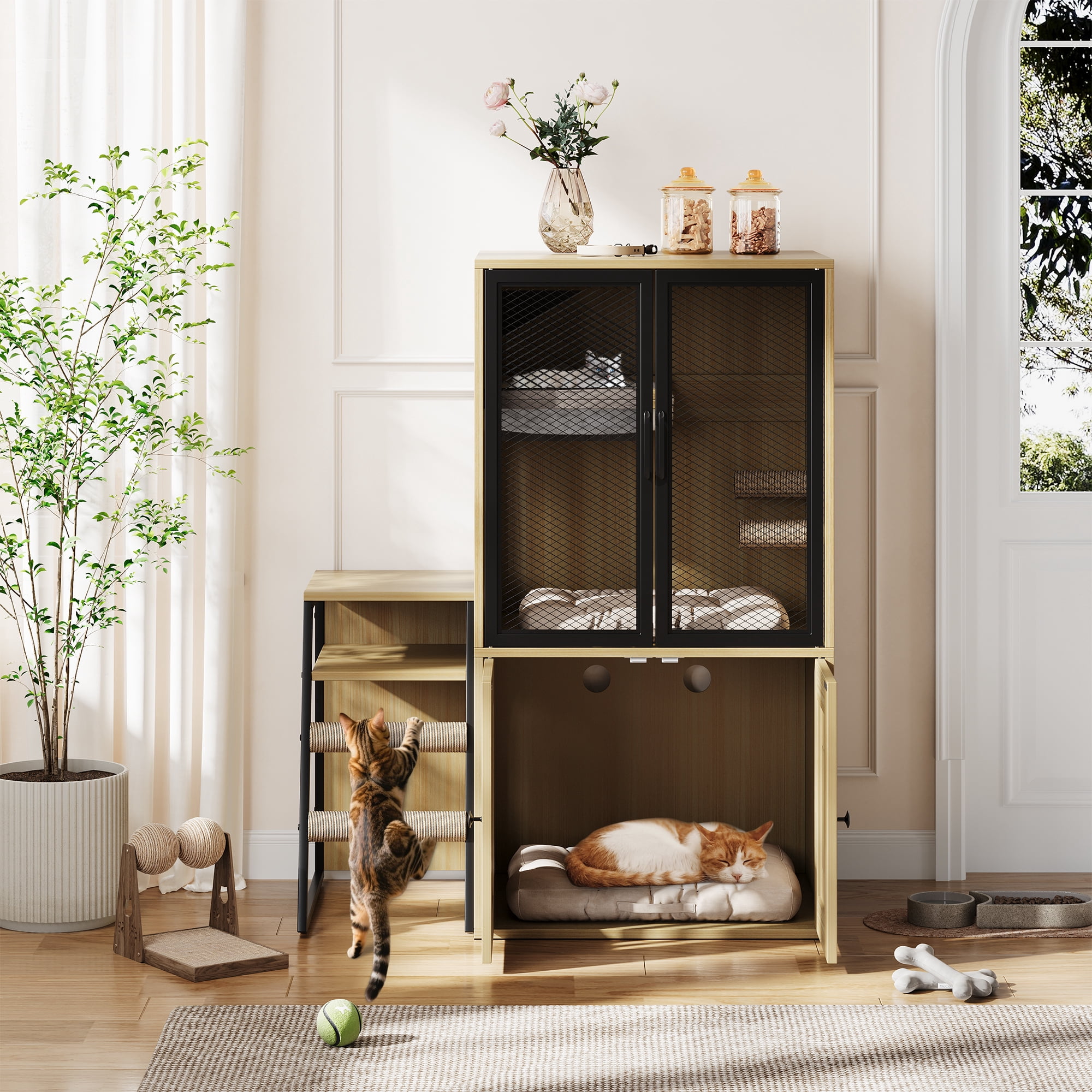 Cat Litter Box Enclosure Furniture,Hidden Litter Box Furniture with Shelf&Ladder,Double Litter Box Cabinet for Large Cats,Easy to Clean