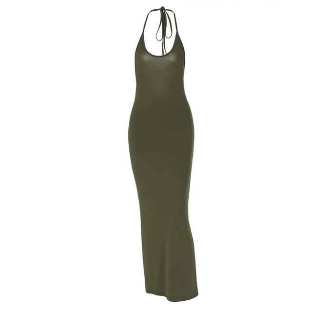 VISgogo Vestido de cuello halter sin mangas para mujer, vestido de fiesta de cóctel largo de corte bajo de una sola pieza con lazo sin espalda de color sólido VISgogo moda
