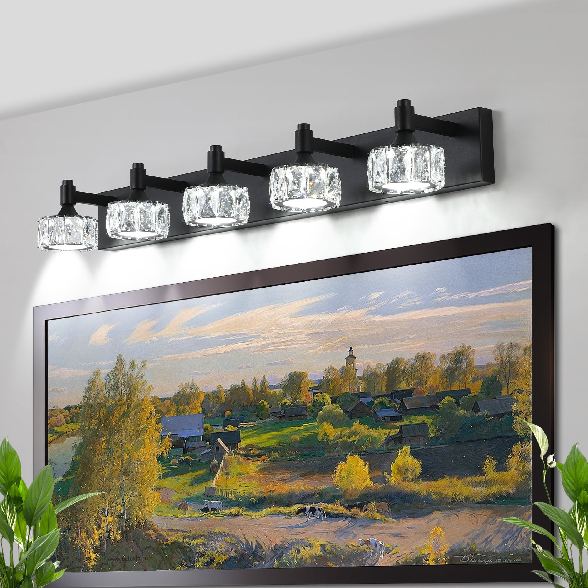 Crystal Vanity Lights for Bathroom, 5 Light Bathroom Vanity Light, Modern 36.0in Light Over Mirror Light Fixtures Matte Black