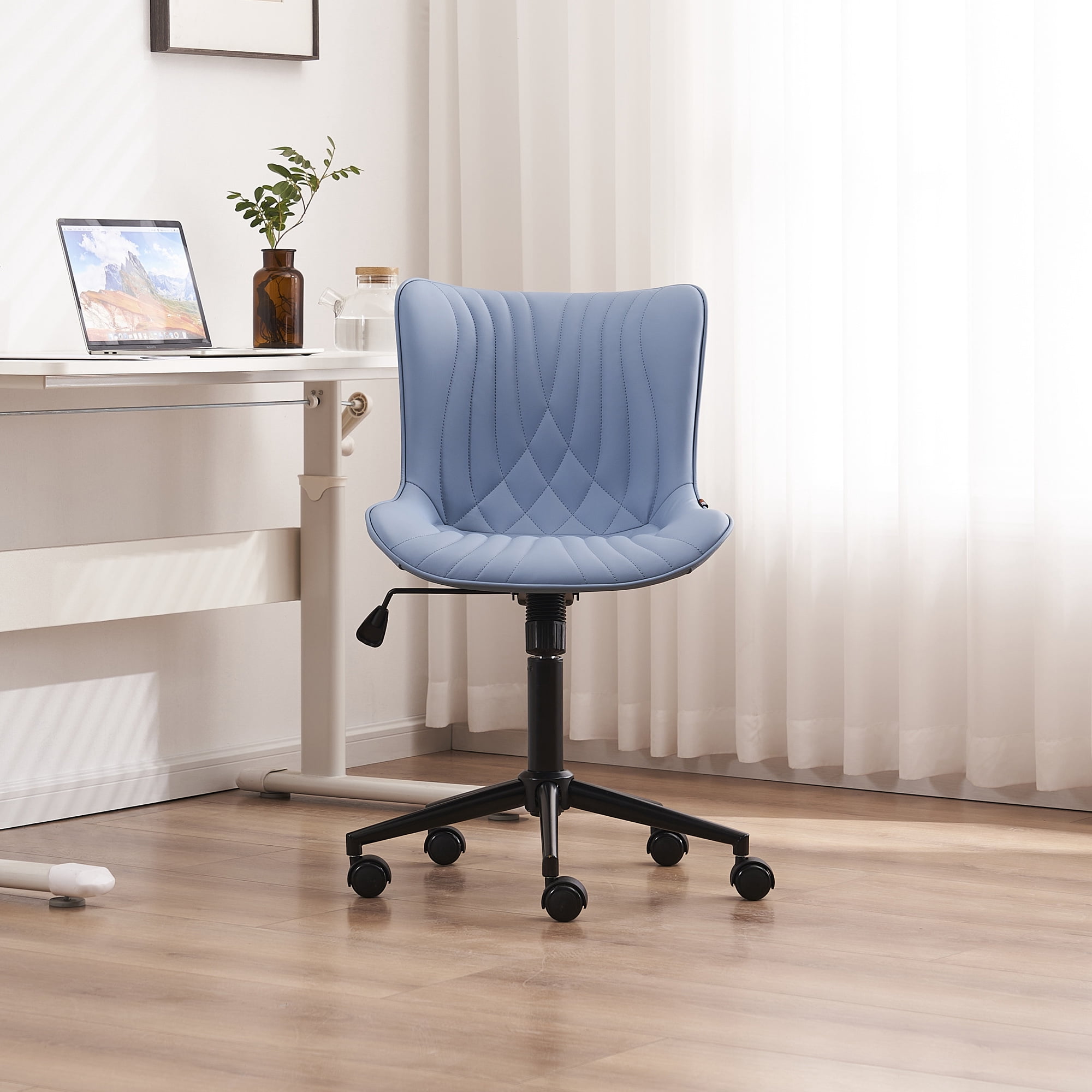 YOUNIKE Modern Office Chair with Wheels Adjustable Ergonomic Desk Task Chair in Mid-Back Blue PU Design