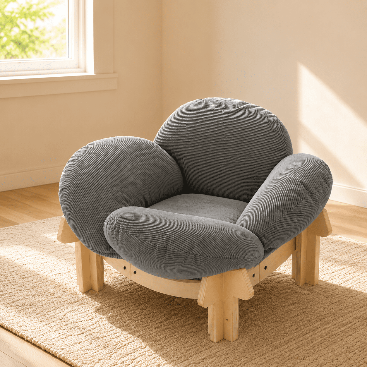 Flower-Light Gray Elevated Wooden Frame Pet Bed with Washable Cushion for Cats and Small Dogs