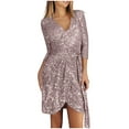 thumbnail image 1 of Qiopertar Robe Décontractée Mode Femme Col en V Unie Slim à Sequins Manches Longues en Solde à Moins de 5$ en Solde, 1 of 7