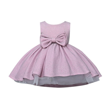 

GWAABD Girl Spring Dress Pink Cotton Pageant Party Dress Long Princess Wedding Round Collar Sleeveless Bow Front and BackLine Dress for 5 to 10 Years 120