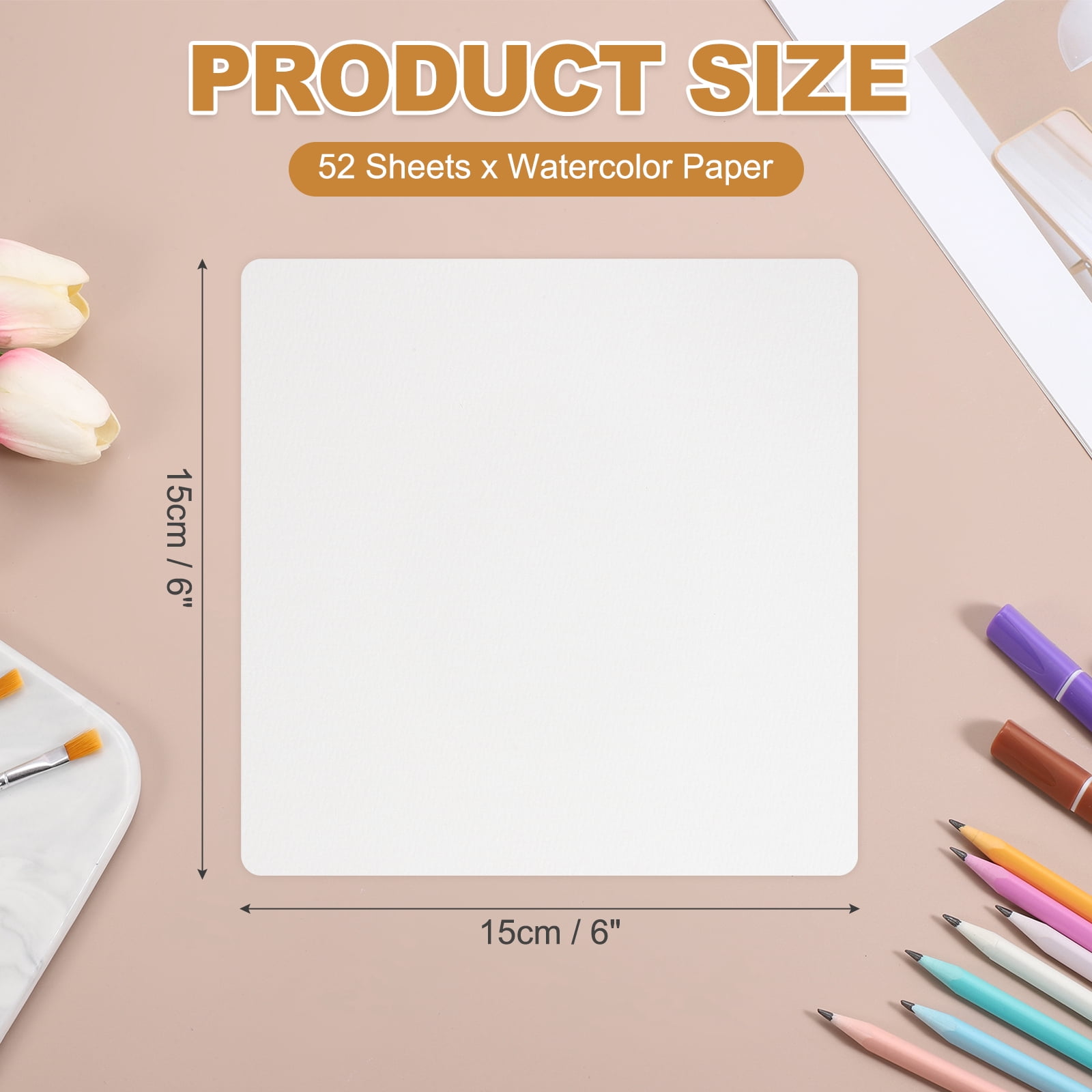 Uxcell 52 Pcs Watercolor Paper 6 x 6 Inch 140lb/300gsm Artist Painting Drawing Paper Bulk Cold Press Water Color Paint Sheet for Sketchbook Journal (Round Corner), White