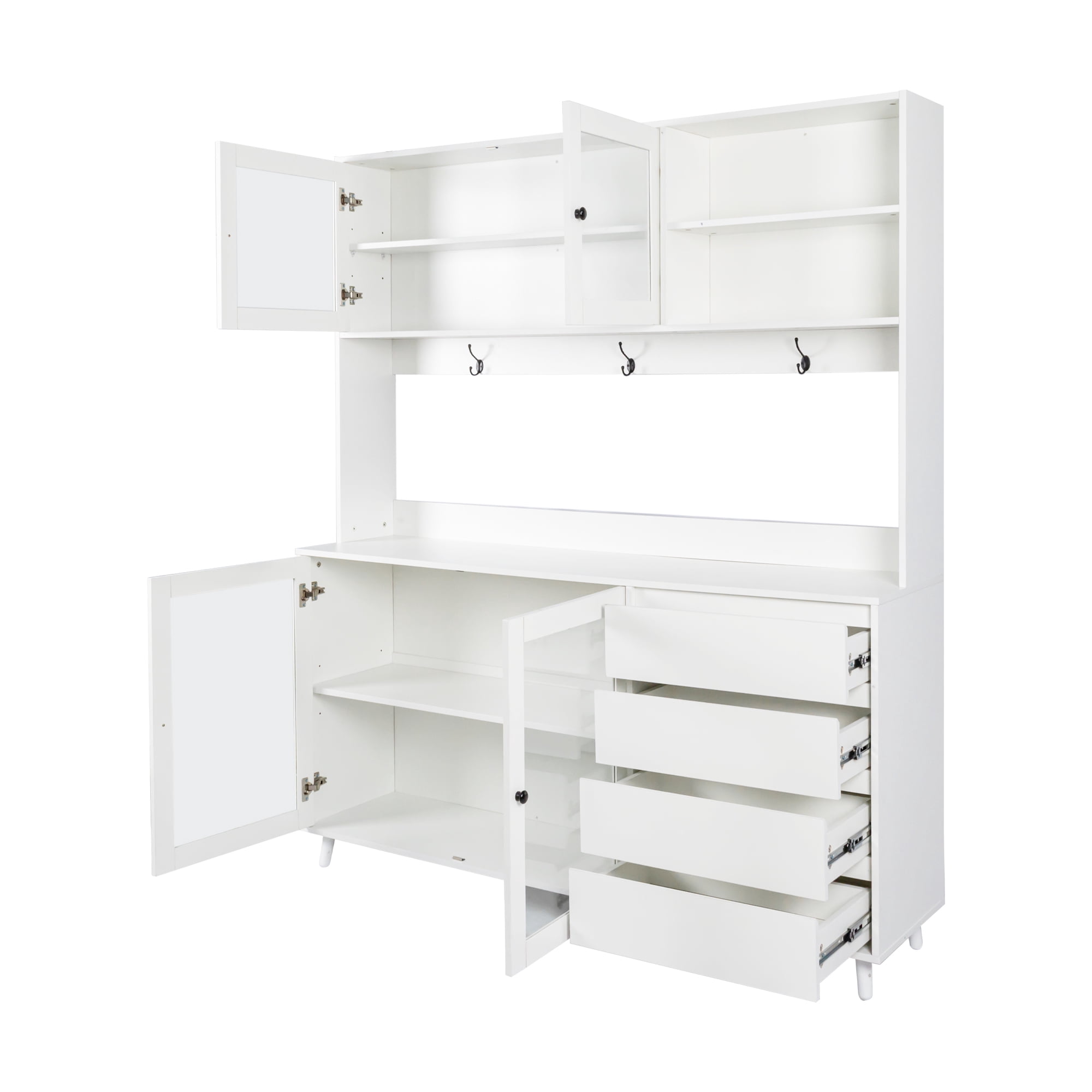 Aukfa Large Kitchen Hutch Cabinet, Pantry Cabinets w/ 4 Doors & Microwave Shelf, White