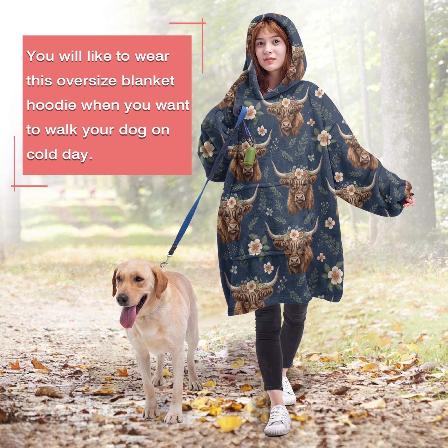 Blue Highland Cow Flower Pattern Wearable Oversized Blanket,Wearable Blanket Hoodie for Adults,Cozy Hooded Blankets with Super Pockets,Super Warm Fuzzy Pullover for Women & Men