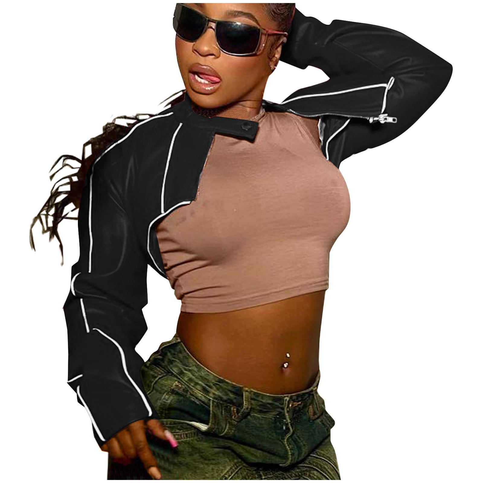 ジャケット 25SS   Women's Faux Leather Crop Shirt Lady Faux Leather Cropped Jacket Zipper Blouse Top Coat Sexy