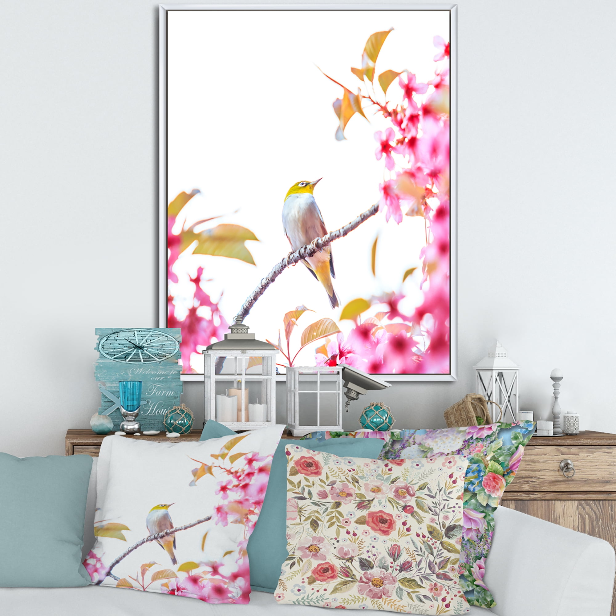 Designart 'Bird Sitting On Cherry Blossom' Traditional Framed Canvas Wall Art Print