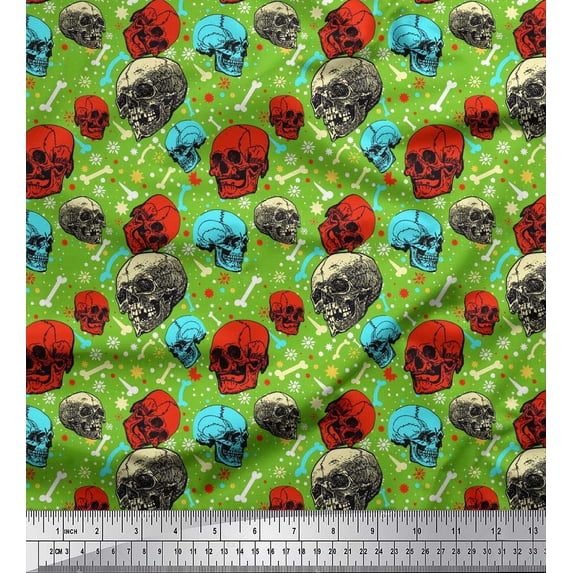 Soimoi Polyester Crepe Fabric Bone,Floral & Skull Halloween Print Fabric by Yard 52 Inch Wide