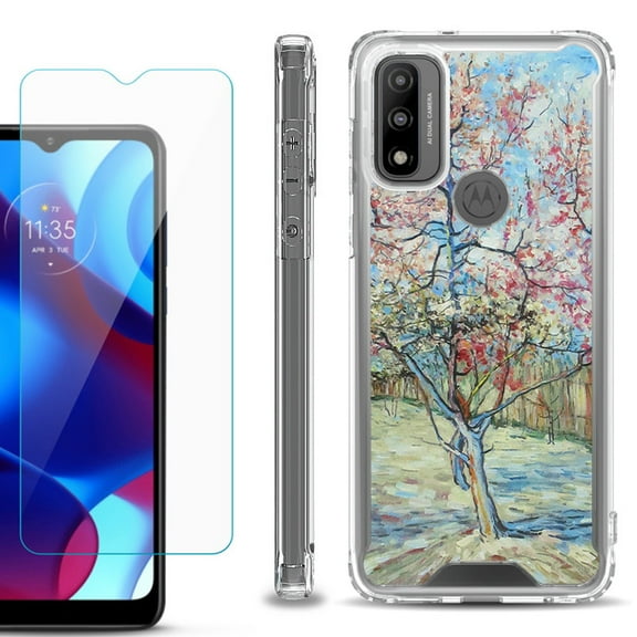 Shockproof Bumper Phone Case for Motorola Moto G Pure, with Tempered Glass Screen Protector, by OneToughShield ® - Blossom Tree