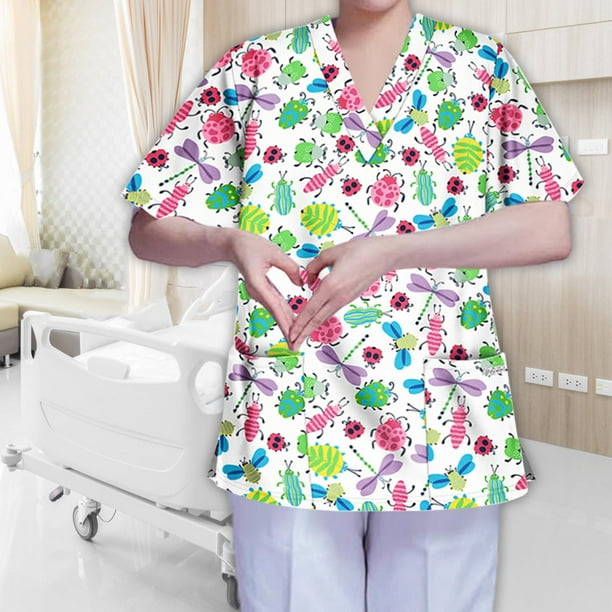 Camiseta exfoliante con cuello en V para mujer, ropa de trabajo, uniforme de trabajo de enfermera transpirable, camiseta exfoliante de enfermería para Blanco