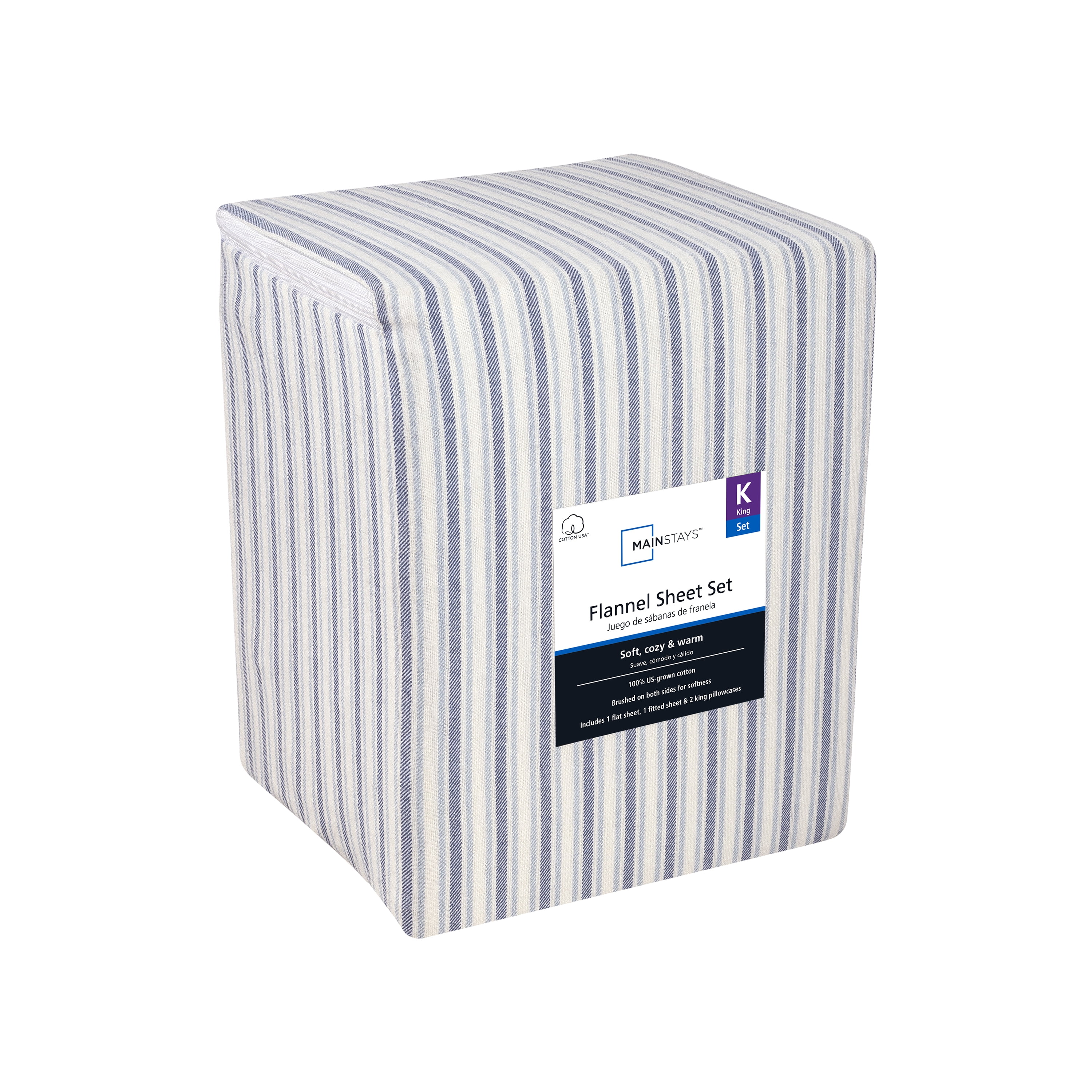 Mainstays 4-Piece Flannel Sheet Set, Blue Stripe, King