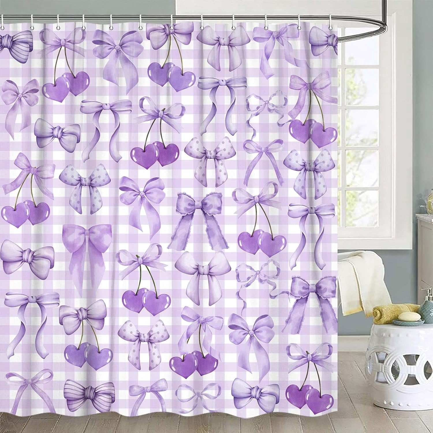 Cute Purple Shower Curtain Modern Aesthetic Coquette Bow Pretty Bathroom Decor for Girls Teens Fabric Waterproof Polyester Bathroom Decor Set with Hooks,60X72