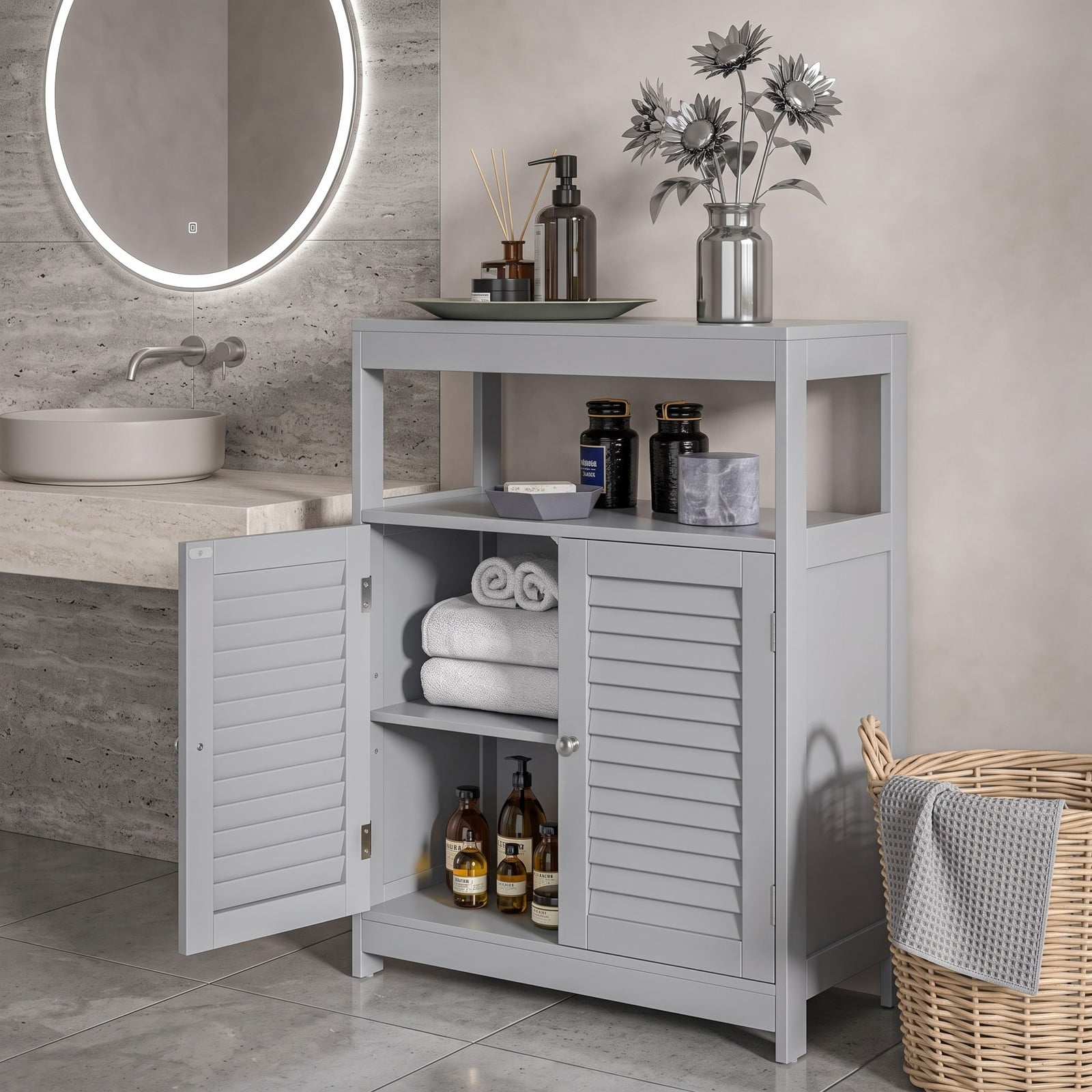 Fenbeli Freestanding Bathroom Floor Cabinet with Double Shutter Doors, MDF Storage Cabinet with Adjustable Shelf and Open Compartment, Side Console Shoe, Gray