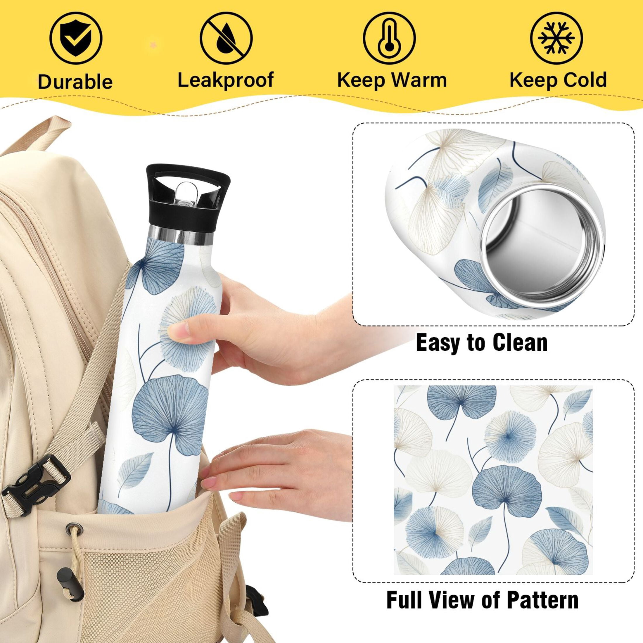Kids Insulated Stainless Steel Sports Water Bottle 600ml (20oz) Blue and Beige Dandelion
