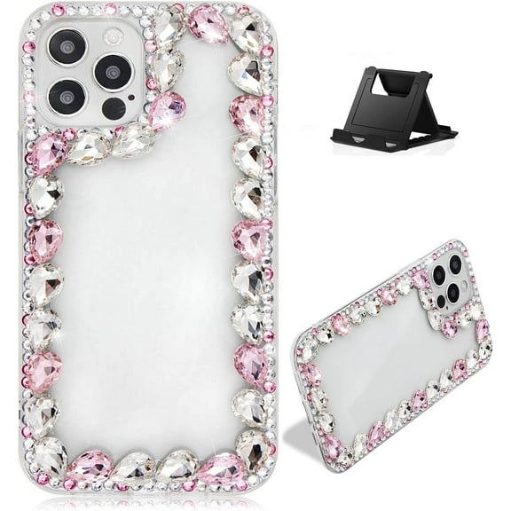 Crystal Pink Case Compatiable with iPhone 15 Pro 6.1",Bling Glitter Diamond Case Stylish for Woman Girls,Sparkle 3D Handmade Rhinestone with Soft Bumper Back Protective Cover Shell