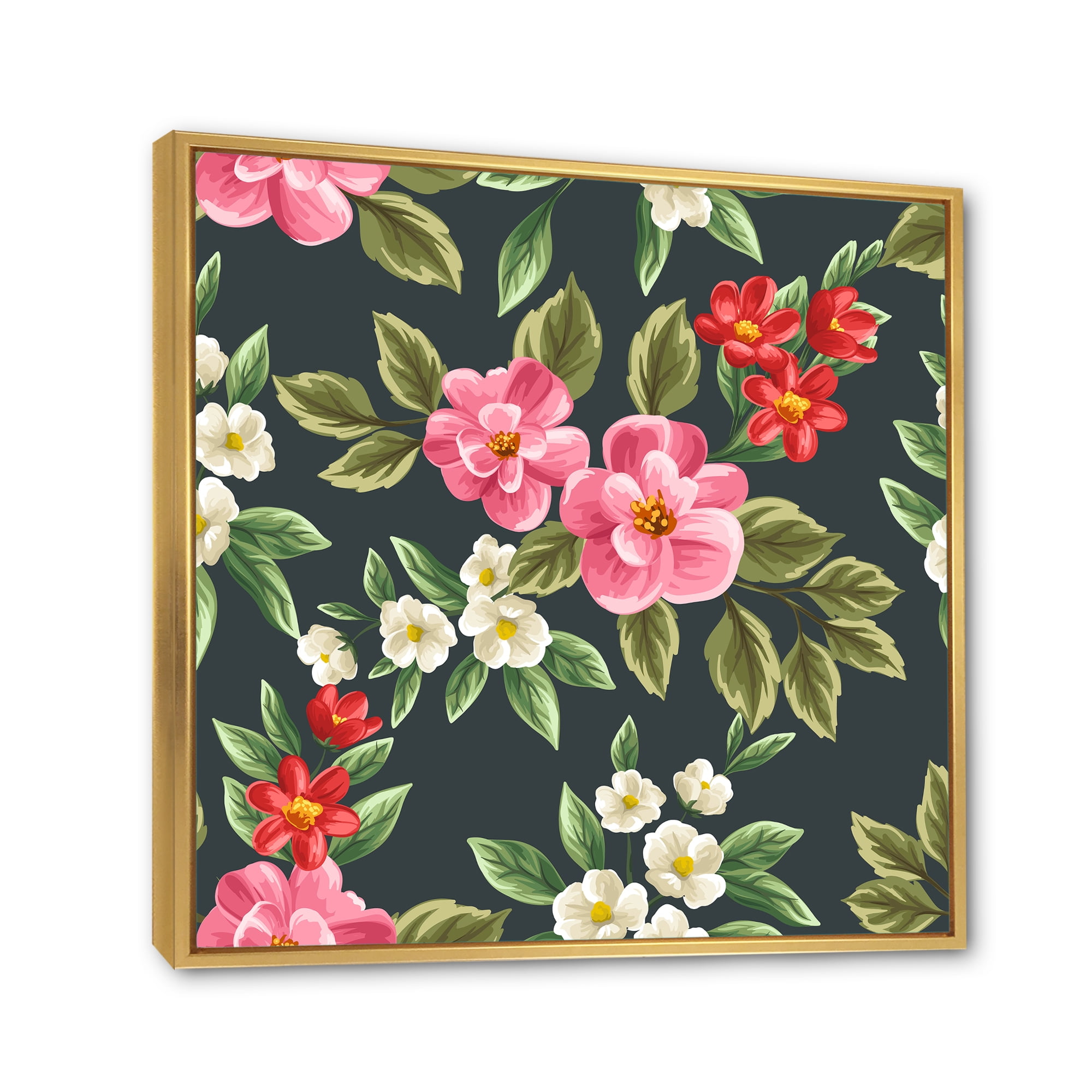 Vintage Red and Pink Wildflowers II 16 in x 16 in Framed Painting Canvas Art Print, by Designart