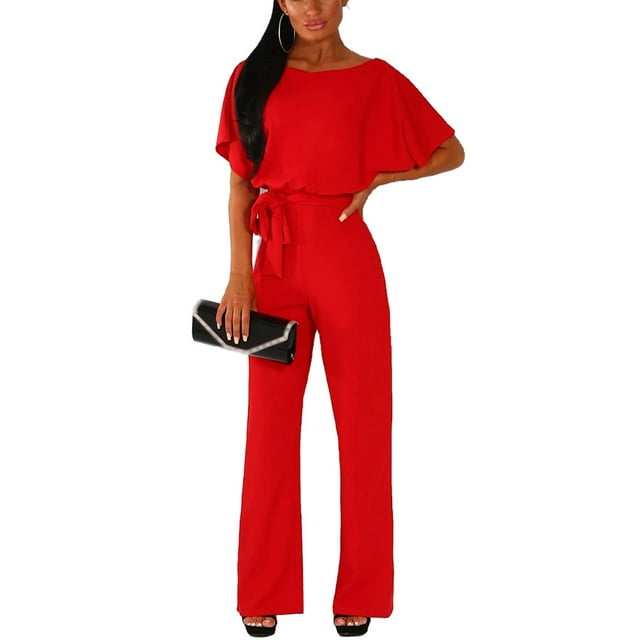 Sonducket Mono de cintura alta para mujer, mono para oficina, vacaciones en la playa, mono con cinturón, mono elegante, ropa femenina conjuntos de ropa Rojo L