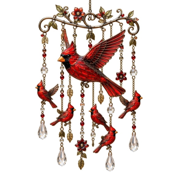 WEEEANT Cardinal Bird Wind Chime Metal Suncatcher with Faceted Crystals, Red Bird Hanging Ornament for Outdoor Garden Window Balcony Backyard, 12 in