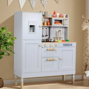 Pirecart Kids Play Kitchen, Wooden Kitchen Playset Pretend Chef Cooking Play Set with Realistic Lights & Sounds and Cooking Accessories, Gray