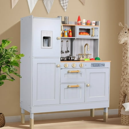 Pirecart Kids Play Kitchen, Wooden Kitchen Playset Pretend Chef Cooking Play Set with Realistic Lights & Sounds and Cooking Accessories, Gray