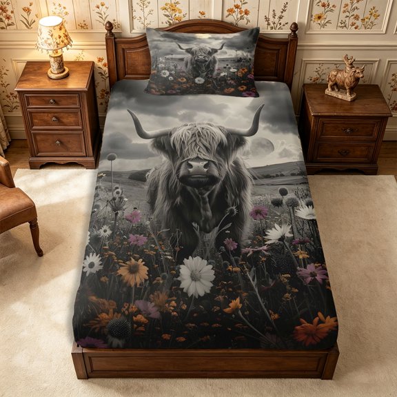Manfei Farm Highland Cow Twin Fitted Sheet 2 Pieces,Vintage Floral Animal Bedding,Gray Black,1 Fitted Sheet and 1 Pillowcase