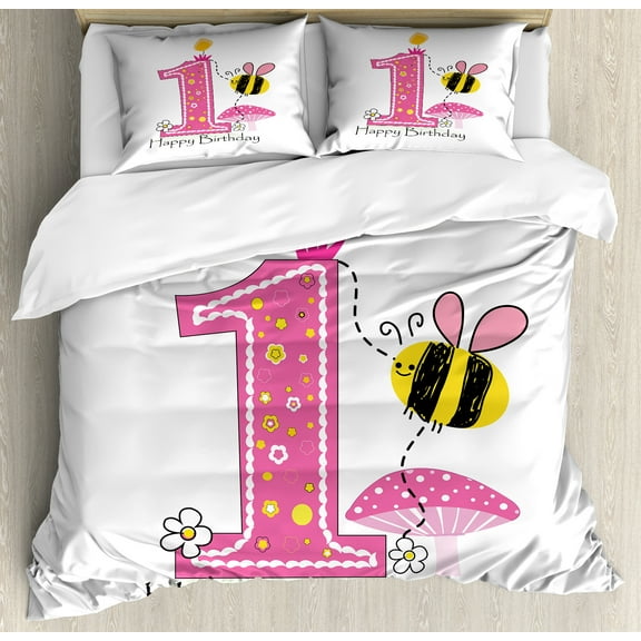1st Birthday Duvet Cover Set, Cartoon Style Image with the Bees Party Cake and the Candle Print, Decorative 3 Piece Bedding Set with 2 Pillow Shams, Calking Size, Pink Black and Yellow, by Ambesonne