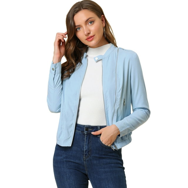 INSPIRE CHIC Veste de Moto Légère pour Femme à Col Montant à Fermeture Éclair Bleu Ciel P