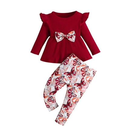 

Toddler Fall Outfits for Girls 6M-2Y Ribbed Flutter Peplum Top Butterfly Print Pants 2 Piece Clothes Matching Set Wine 12 Months