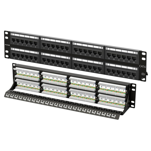 Patch Panel FGB, 48 puertos, Cat6, 2U, 19 pulgadas, montaje en rack o montaje en pared