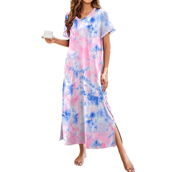 Avidlove Women Long Nightgowns Short Sleeve Full Length Nightshirt Side Split Nightdress Sleepwear with Pockets