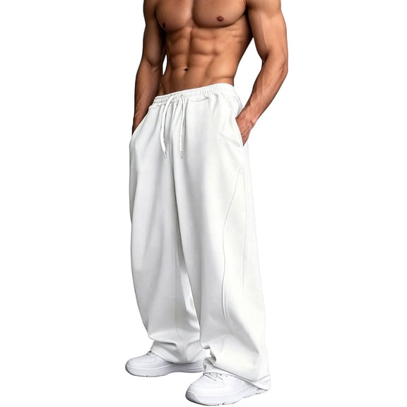 BLCHUNen Mens Workout Pants Summer Drawstring Casual Loose Elastic Waisted Activewear Running Pants with Pockets,XL,White