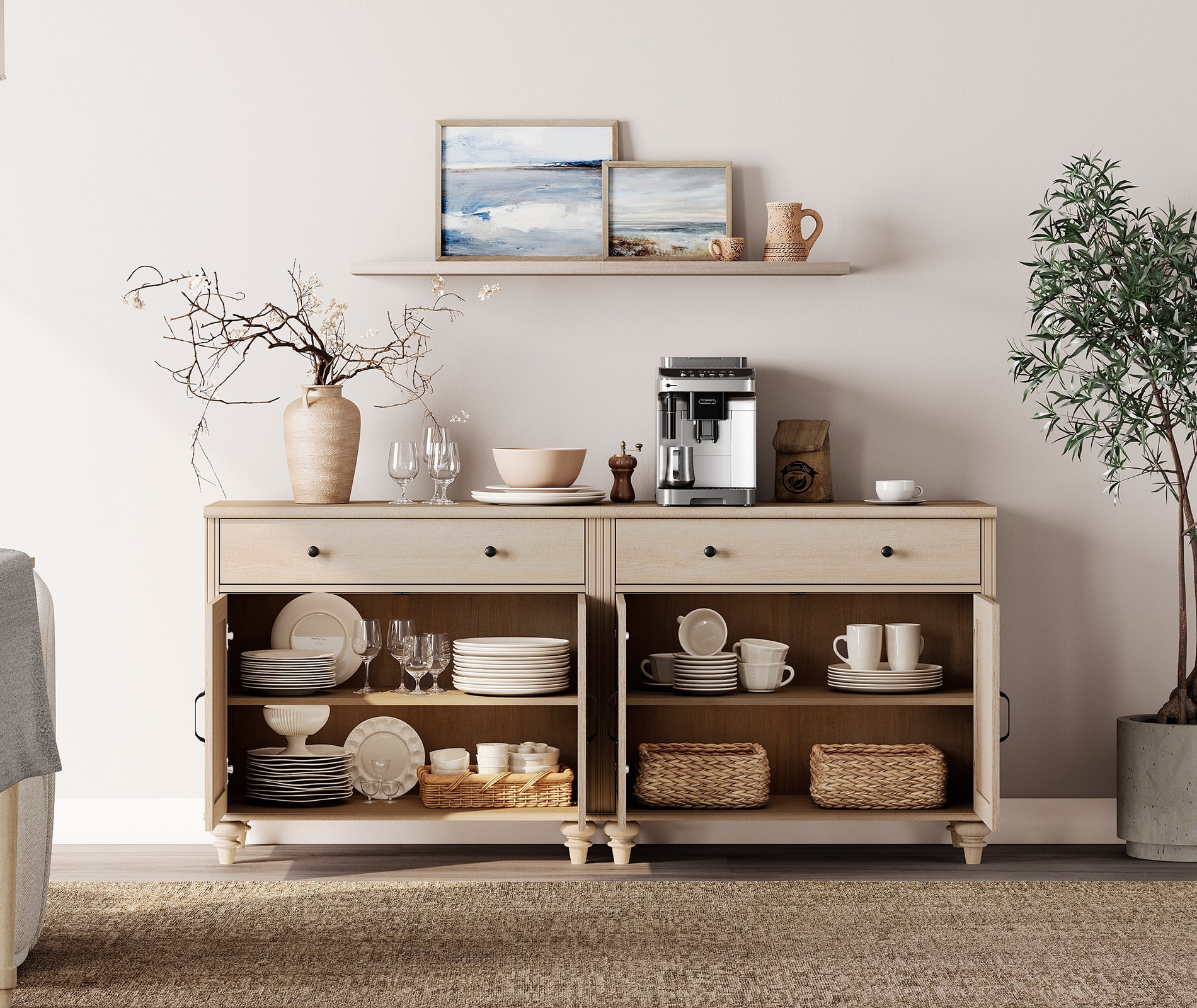 Farmhouse 5 Tier Bookcase With 2 Drawers and 4 Doors, Beige, 67.7" W