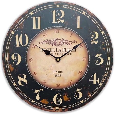 24inch Round Black Paris Decorative Wall Clock with Big Arab Numerals, Retro Wood Wall Clock for Living Room,Office and Kitchen,Colorful Quality Quartz Quiet Round Wall Clock
